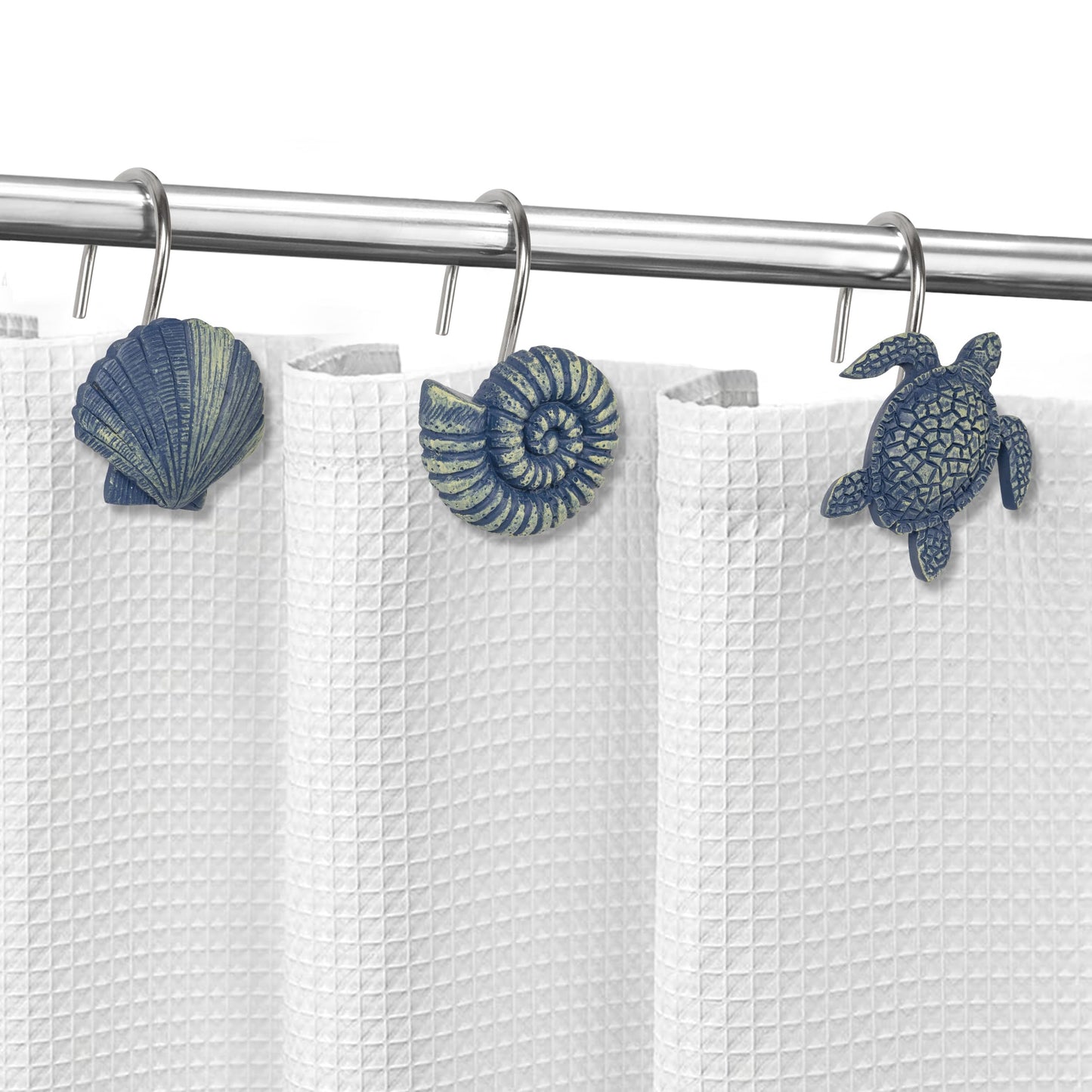 Sunlit Seashells Decorative Shower Curtain Hooks, Blue Scallop Nautilus & Sea Turtle Shower Curtain Rings, Resin, Nautical Bathroom Decoration Beach Shower Curtain Hooks-12 Pack