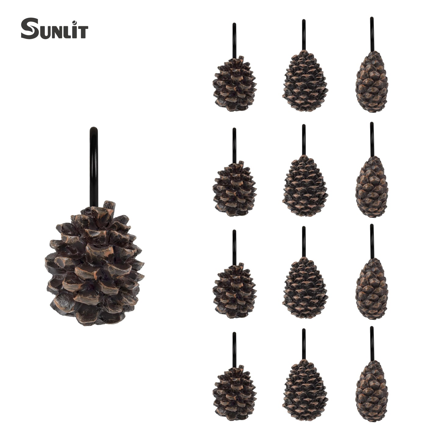 Sunlit Pinecone Decorative Shower Curtain Hooks, Brown Pine Cone Shower Curtain Rings, Resin, Winter Christmas Theme Bathroom Decoration, Set of 12