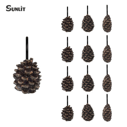 Sunlit Pinecone Decorative Shower Curtain Hooks, Brown Pine Cone Shower Curtain Rings, Resin, Winter Christmas Theme Bathroom Decoration, Set of 12
