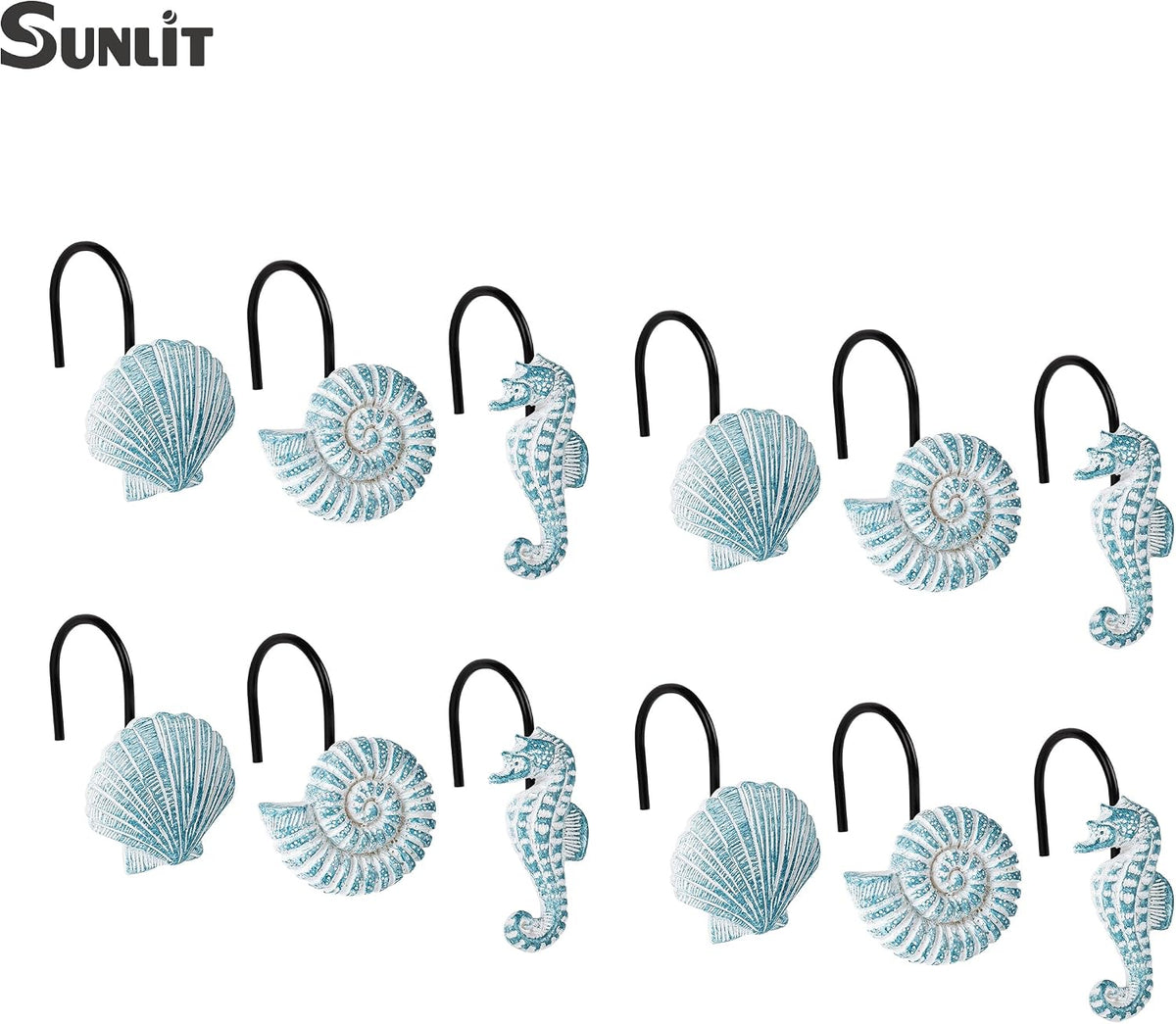 Sunlit Seashells Decorative Shower Curtain Hooks, Aqua Blue Ocean Creatures Coastal Shower Curtain Rings with Black Hooks, Resin, Nautical Bathroom Decoration Beach Shower Curtain Hooks, Set of 12