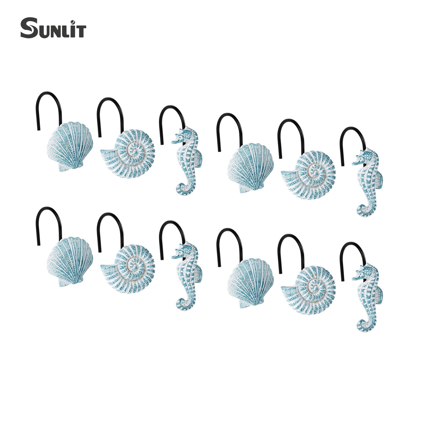 Sunlit Seashells Decorative Shower Curtain Hooks, Blue Ocean Creatures Coastal Shower Curtain Rings with Black Hooks, Resin, Nautical Bathroom Decoration Beach Shower Curtain Hooks, Set of 12