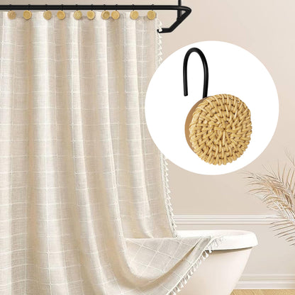Sunlit Boho Decorative Shower Curtain Hooks, Woven Wicker Ratten Beige Shower Curtain Rings for Bathroom, Farmhouse Shower Curtain Hangers Bathroom Accessories, Set of 12