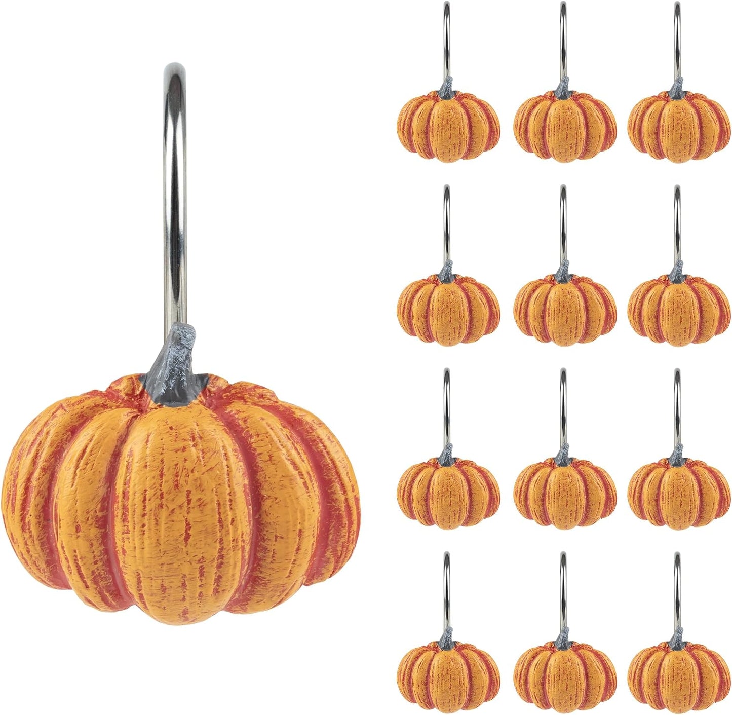 Sunlit Fall Pumpkin Decorative Shower Curtain Hooks, Autumn Harvest Festival Shower Curtain Rings, Resin, Orange Farmhouse Bathroom Curtain Hangers Decoration, Set of 12
