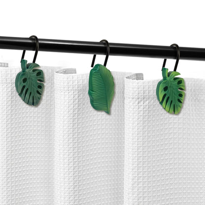Tropical Leaf Decorative Shower Curtain Hooks, Green Botanical Shower Curtain Rings with Black Hooks, Resin, Monstera Deliciosa Leaves Shower Curtain Hangers for Bathroom, Set of 12