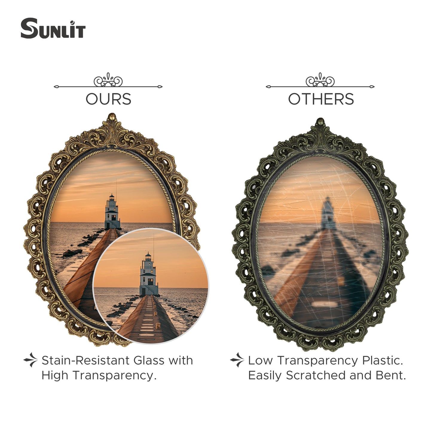 Sunlit Vintage Picture Frame 4x6 Inch, Oval Antique Photo Frames with Glass Front, Luxury Photo Display, Tabletop Wall Hanging, Gift Ideas, White