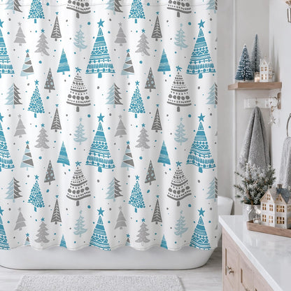 Sunlit Christmas Shower Curtain, Blue and Gray Xmas Trees with Stars and Snow Pattern Shower Curtains for Bathroom Decor, Winter Snowflake Pine Tree Bathroom Curtains, 71x71 Inch