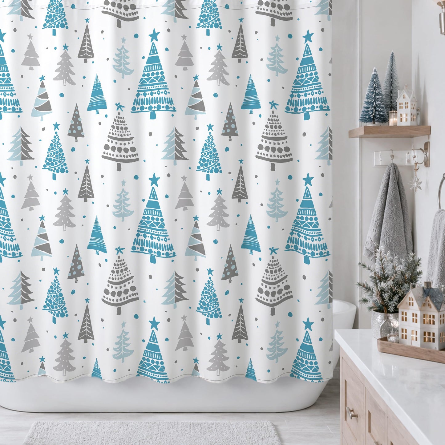 Sunlit Christmas Shower Curtain, Red and Gray Xmas Trees with Stars and Snow Pattern Shower Curtain for Bathroom Decor, 71x71 Inch