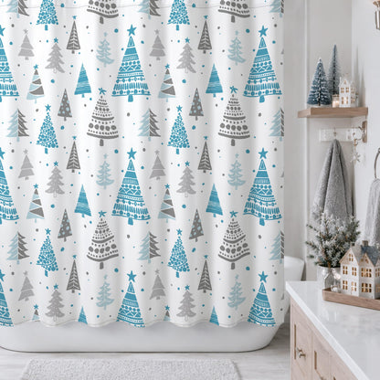 Sunlit Christmas Shower Curtain, Red and Gray Xmas Trees with Stars and Snow Pattern Shower Curtain for Bathroom Decor, 71x71 Inch