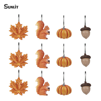 Sunlit Maple Leaf Shower Curtain Hooks for Fall Autumn, Home Decorative Shower Curtain Rings for Bathroom, Resin, Orange Red Maple Leaves Shower Curtain Hangers Hooks Bath Accessories, Set of 12