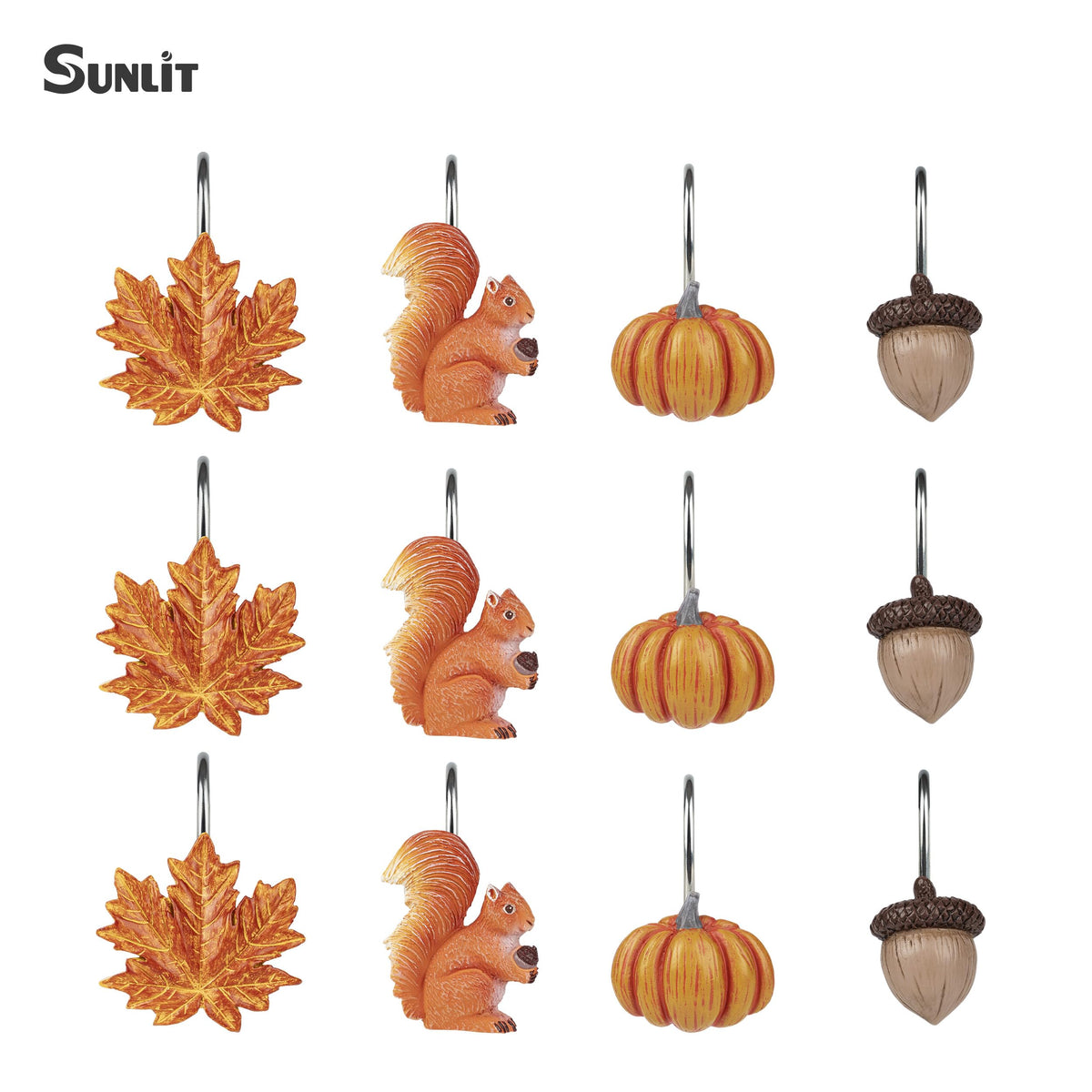 Sunlit Fall Autumn Decorative Shower Curtain Hooks, Pumpkin Maple Leaf Squirrel Acorn Shower Curtain Rings with Black Hooks, Resin, Orange Leaves Cute Bathroom Curtain Hangers Decoration, Set of 12