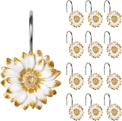 Sunlit Daisy Shower Curtain Hooks, Home Decorative Shower Curtain Rings for Bathroom, Resin, Floral Shower Curtain Hanger Hooks for Living Room, Set of 12, White and Golden