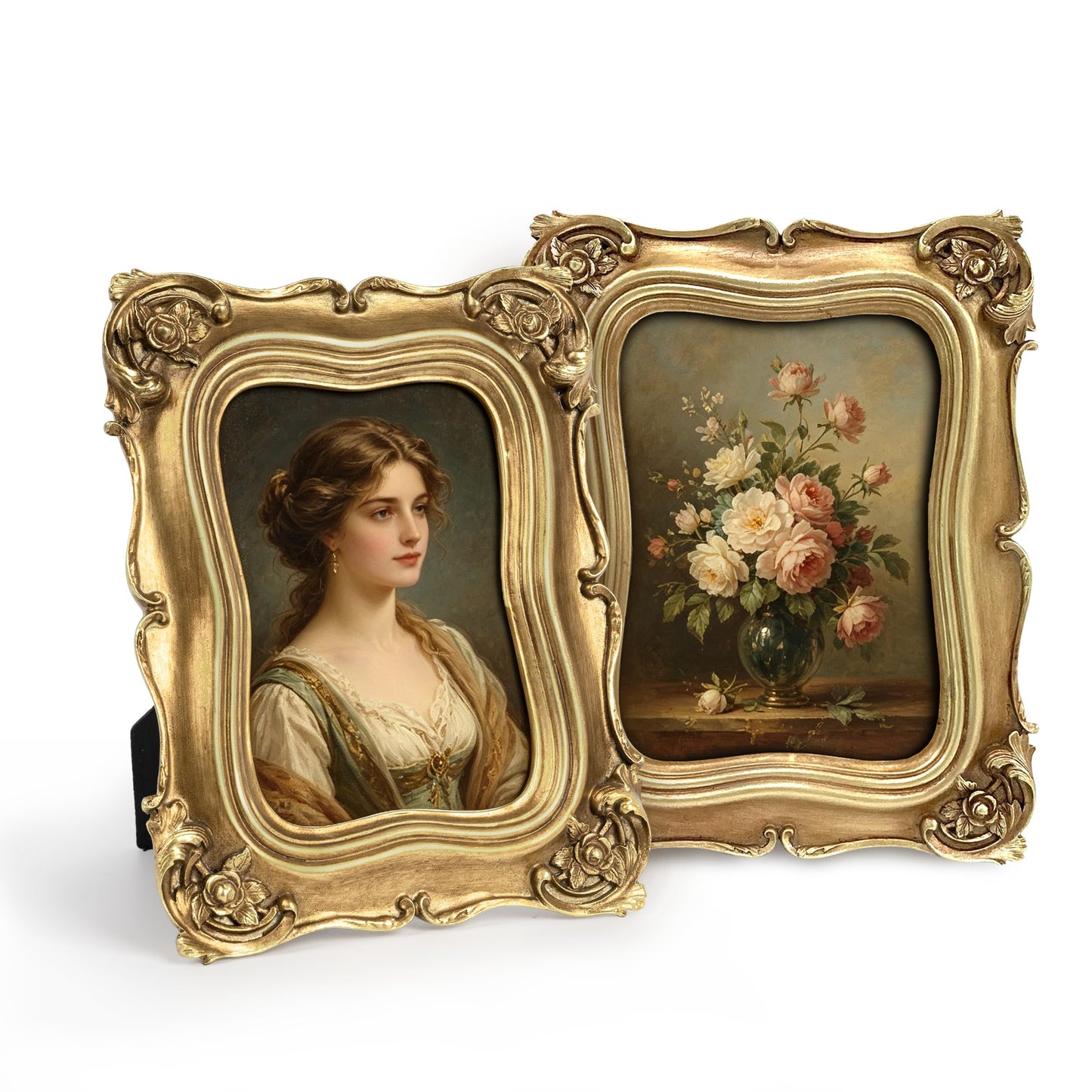 Sunlit Vintage Picture Frame 5x7 Inch Set of 2, Luxury Antique Photo Frames with Glass Front, Photo Display, Tabletop Wall Hanging, Gold