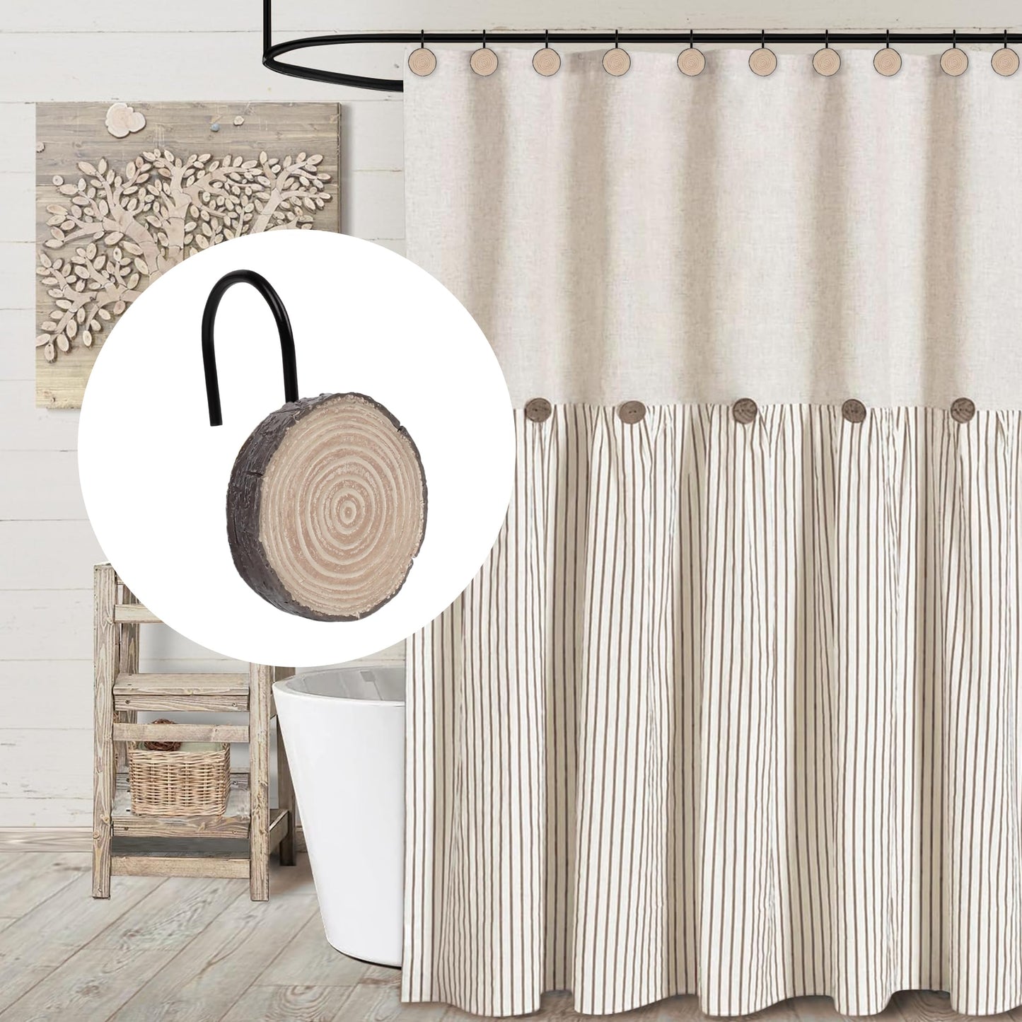 Sunlit Farmhouse Wooden Slices Shower Curtain Hooks, Rustic Home Decorative Shower Curtain Rings with Black Hooks for Bathroom, Resin Shower Curtain Hangers Bathroom Accessories, Set of 12