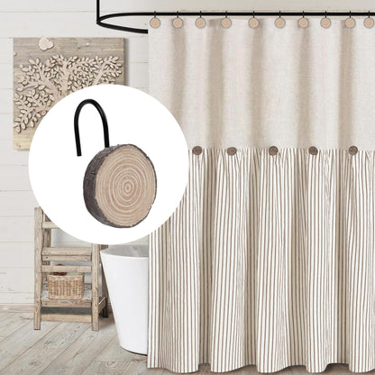 Sunlit Farmhouse Wooden Slices Shower Curtain Hooks, Rustic Home Decorative Shower Curtain Rings for Bathroom, Resin Shower Curtain Hangers Bathroom Accessories, Set of 12