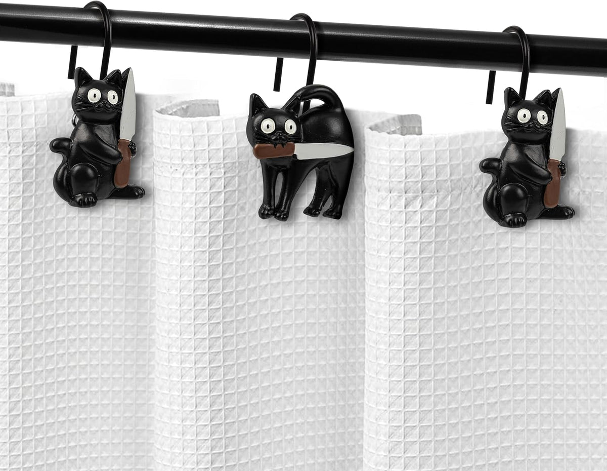 Sunlit Halloween Creepy Black Cat Shower Curtain Hooks, Home Decorative Shower Curtain Rings for Bathroom, Spooky Shower Curtain Hangers Bathroom Accessories, Set of 12