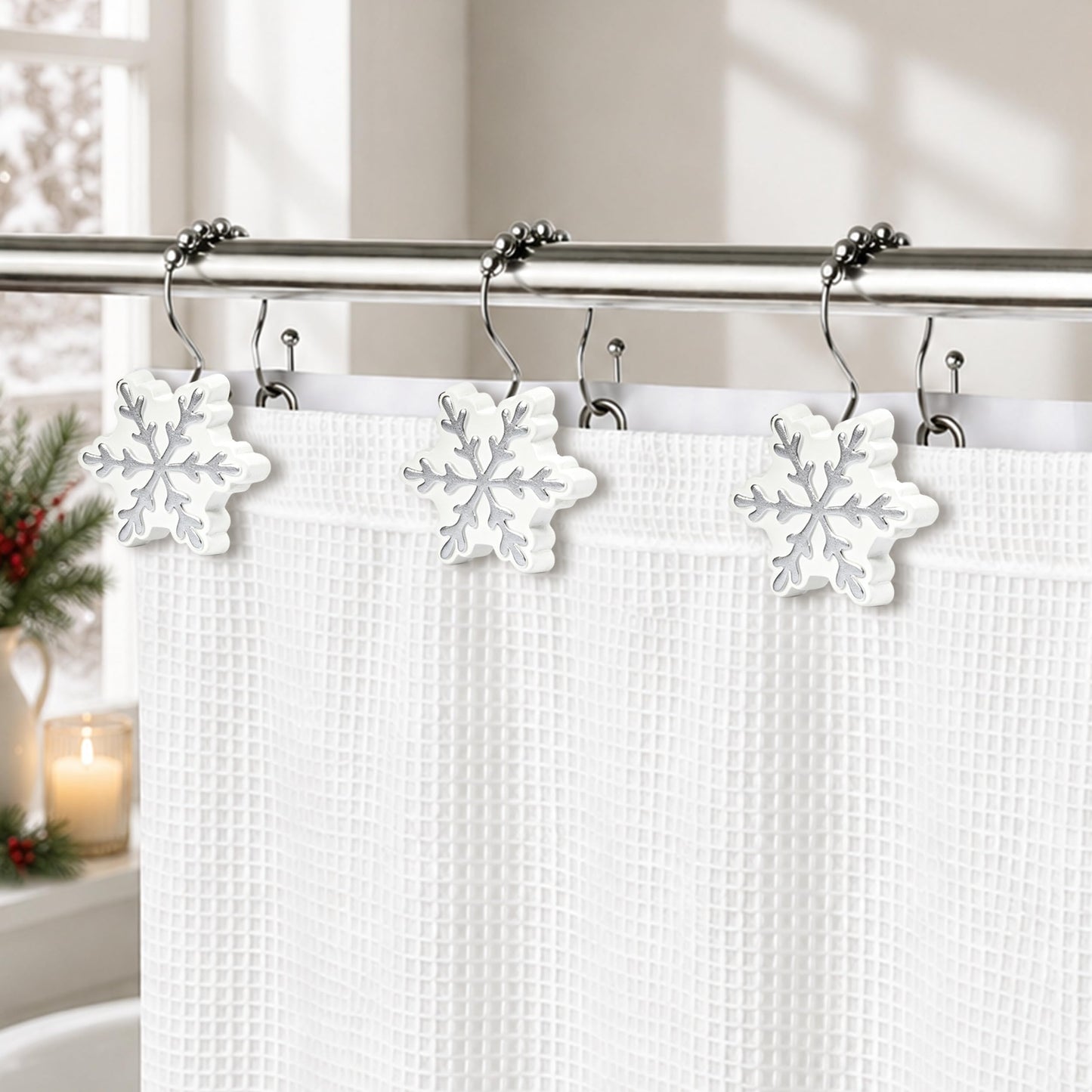 Sunlit Christmas Shower Curtain Hooks Silver Snowflakes Shower Curtain Rings, Resin, White Christmas Decor, Winter Bathroom Decoration - 12 Pack