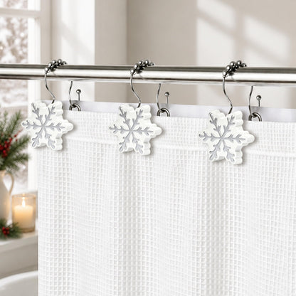 Sunlit Christmas Shower Curtain Hooks Silver Snowflakes Shower Curtain Rings, Resin, White Christmas Decor, Winter Bathroom Decoration - 12 Pack