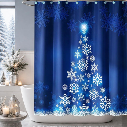 Sunlit Blue Fluorescent Christmas Snowflake Tree with Dark Blue Background Fabric Shower Curtain, Bathroom Home Office Holiday Wall Decoration as Tapestry and Photo Booth Backdrop