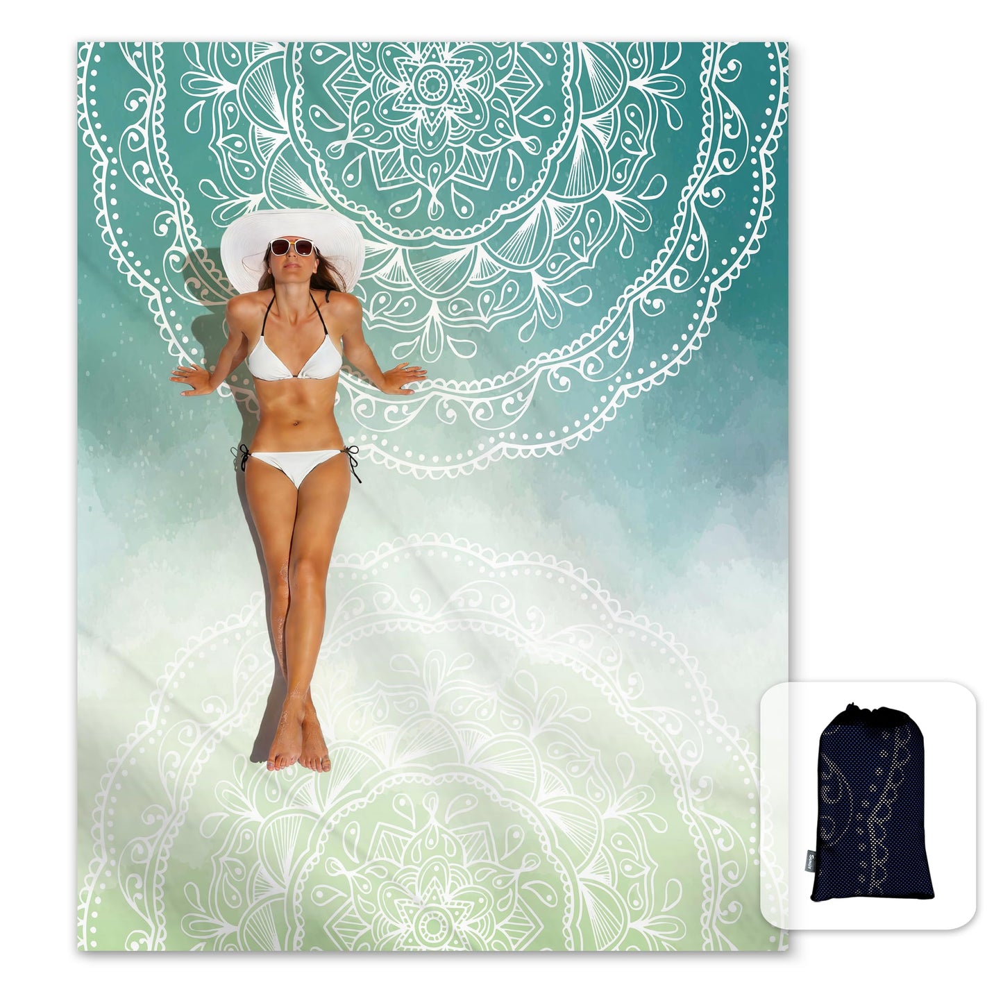 Sunlit Silky Soft Sand Proof Beach Blanket 106"x81" / 85"x72" Sand Proof Mat with Corner Pockets and Mesh Bag for Beach Party, Travel, Camping and Outdoor Music Festival, Mandala