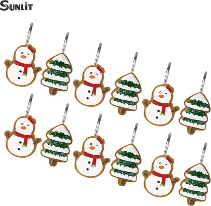 Sunlit Christmas Tree Snowman Decorative Shower Curtain Hooks, Green White Shower Curtain Rings, Resin, Xmas Theme Winter Holiday Bathroom Decoration, Set of 12