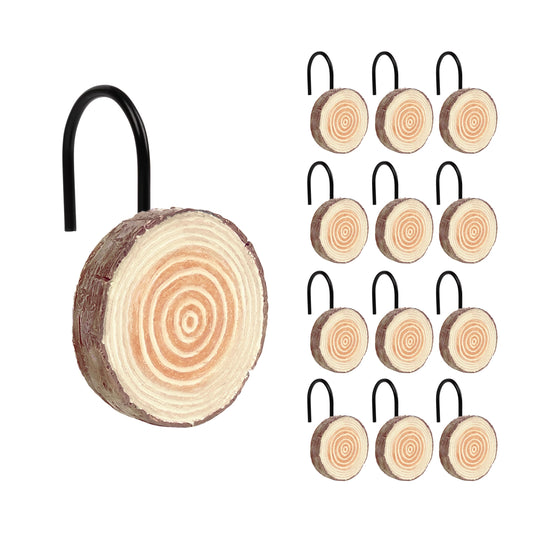 Sunlit Farmhouse Wooden Slices Shower Curtain Hooks, Rustic Home Decorative Shower Curtain Rings with Black Hooks for Bathroom, Resin Shower Curtain Hangers Bathroom Accessories, Set of 12
