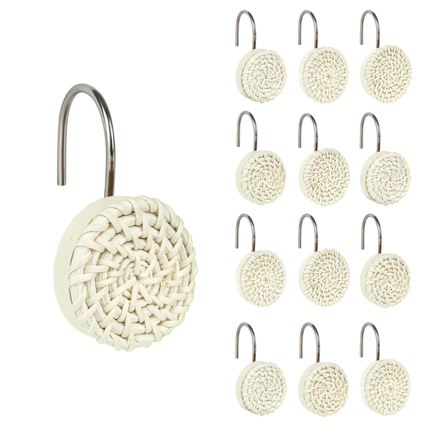 Sunlit Boho Decorative Shower Curtain Hooks, Woven Wicker Ratten Beige Shower Curtain Rings for Bathroom, Farmhouse Shower Curtain Hangers Bathroom Accessories, Set of 12