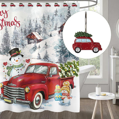 Sunlit Christmas Shower Curtain Hooks, Vintage Red Truck with Snow Xmas Tree Shower Curtain Rings, Resin, Rustic Farmhouse Christmas Decor, Winter Bathroom Decoration, Set of 12