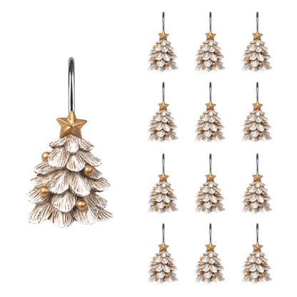 Sunlit Christmas Tree Decorative Shower Curtain Hooks with Star, Green Shower Curtain Rings, Resin, Xmas Theme Winter Holiday Bathroom Decoration, Set of 12