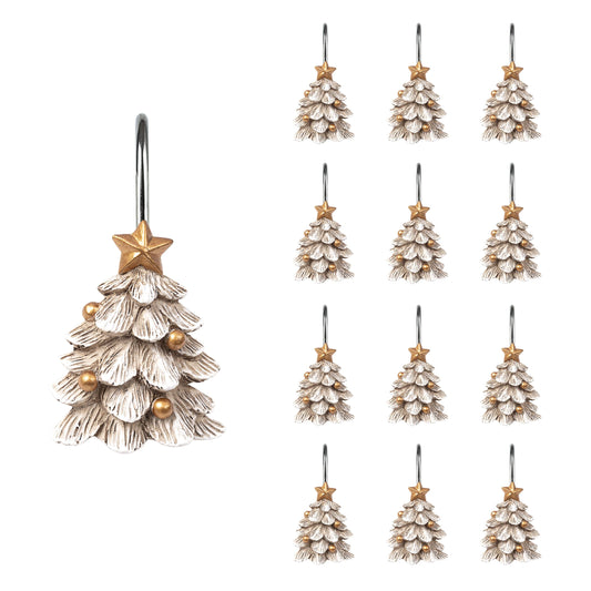 Sunlit Christmas Tree Decorative Shower Curtain Hooks with Star, Green Shower Curtain Rings, Resin, Xmas Theme Winter Holiday Bathroom Decoration, Set of 12