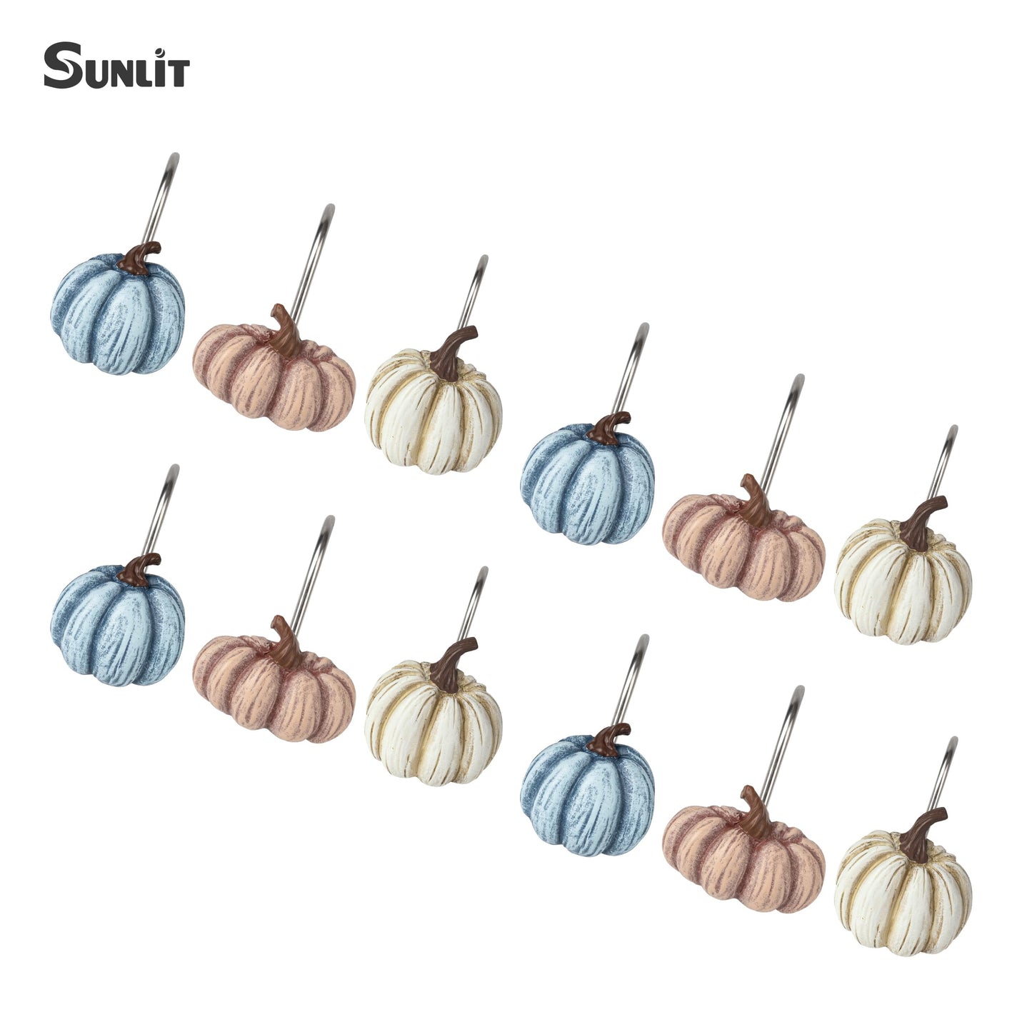 Sunlit Fall Pumpkin Decorative Shower Curtain Hooks, Autumn Harvest Festival Shower Curtain Rings, Resin, Orange Farmhouse Bathroom Curtain Hangers Decoration, Set of 12