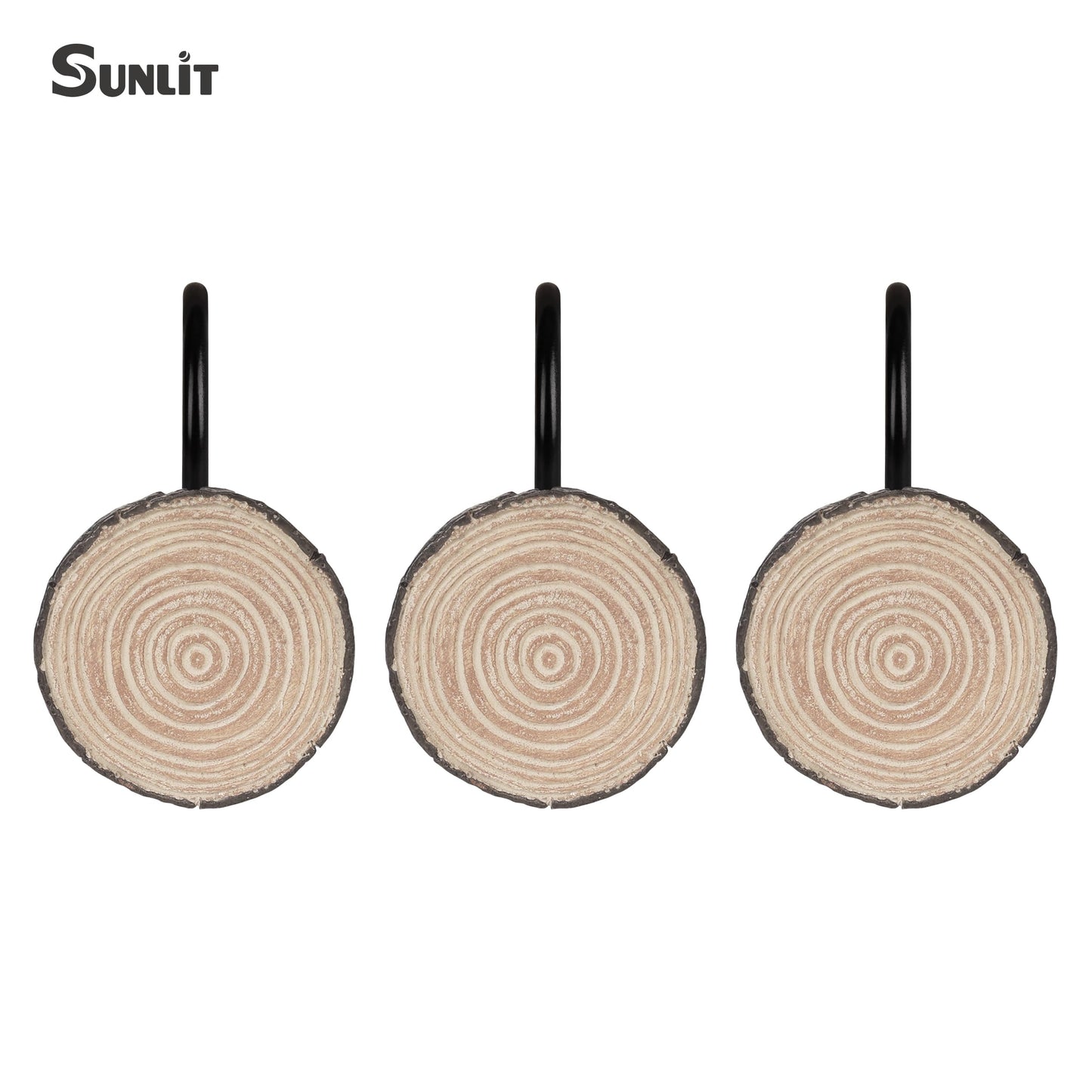 Sunlit Farmhouse Wooden Slices Shower Curtain Hooks, Rustic Home Decorative Shower Curtain Rings with Black Hooks for Bathroom, Resin Shower Curtain Hangers Bathroom Accessories, Set of 12