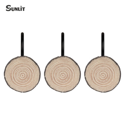Sunlit Farmhouse Wooden Slices Shower Curtain Hooks, Rustic Home Decorative Shower Curtain Rings with Black Hooks for Bathroom, Resin Shower Curtain Hangers Bathroom Accessories, Set of 12