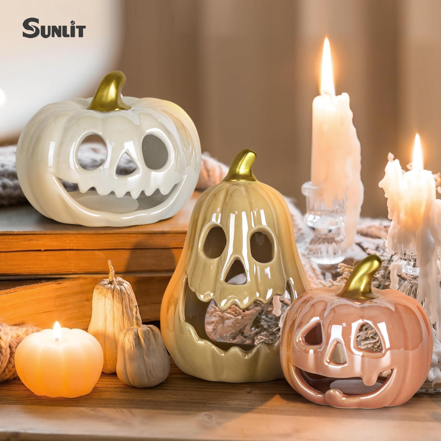 Sunlit Ceramic Pumpkin with 3 Tea Lights, Jack O Lantern Candle Holder Set of 3, Tabletop Indoor Halloween Decorations for Holiday Party Home