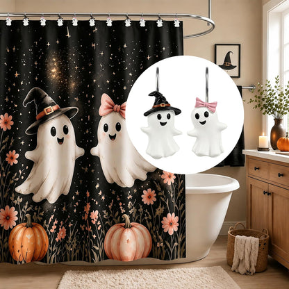 Sunlit Boy and Girl Ghost Shower Curtain Hooks, Home Decorative Shower Curtain Rings for Bathroom, Halloween Cute Ghost Shower Curtain Hangers Bathroom Accessories, Set of 12