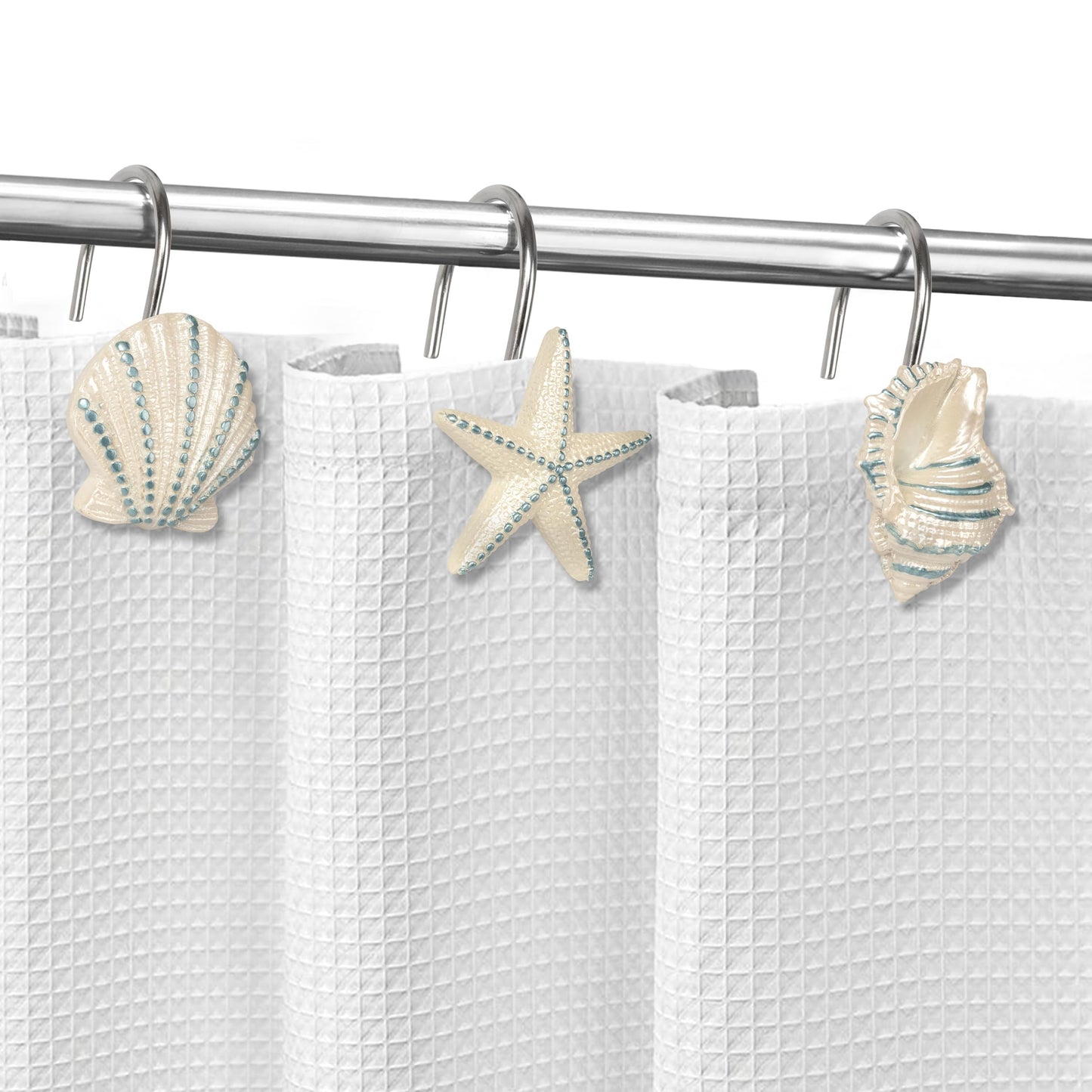 Sunlit Seashells Decorative Shower Curtain Hooks, Scallop Nautilus & Seahorse Shower Curtain Rings, Seashell Blush, Resin, Nautical Bathroom Decoration Beach Shower Curtain Hooks-12 Pack