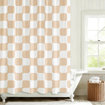 Sunlit Retro Checkered Faux Linen Fabric Shower Curtain, Beige Geometric Design with Organic Rounded Grid Pattern, Mid-Century Modern Bathroom Decor, 72" x 72"