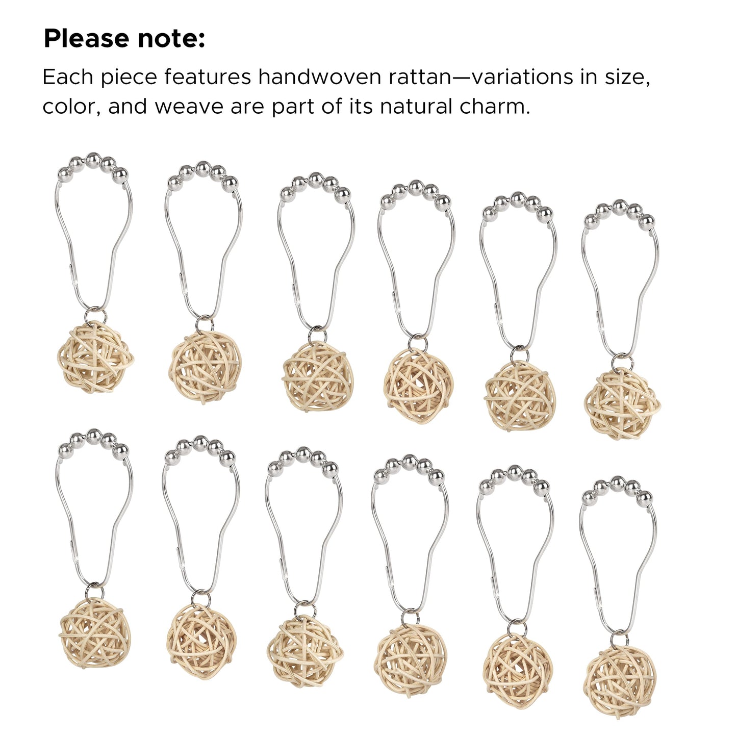 Sunlit Boho Decorative Rattan Balls Shower Curtain Hooks, Wicker Orbs Shower Curtain Rings for Bathroom, Farmhouse Shower Curtain Hangers Bathroom Accessories, Set of 12, Brown