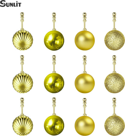Sunlit Christmas Balls Decorative Shower Curtain Hooks, Shower Curtain Rings with Roller Balls, Xmas Theme Winter Holiday Bathroom Decoration, Set of 12, Golden