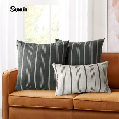 Sunlit Decorative Farmhouse Throw Pillow Case, Set of 2 Cream/Off-White with Black Stripes Modern Accent Square Pillow Cover, 22" x 22", Textured Linen Throw Cushion Covers for Couch Chair Bedroom