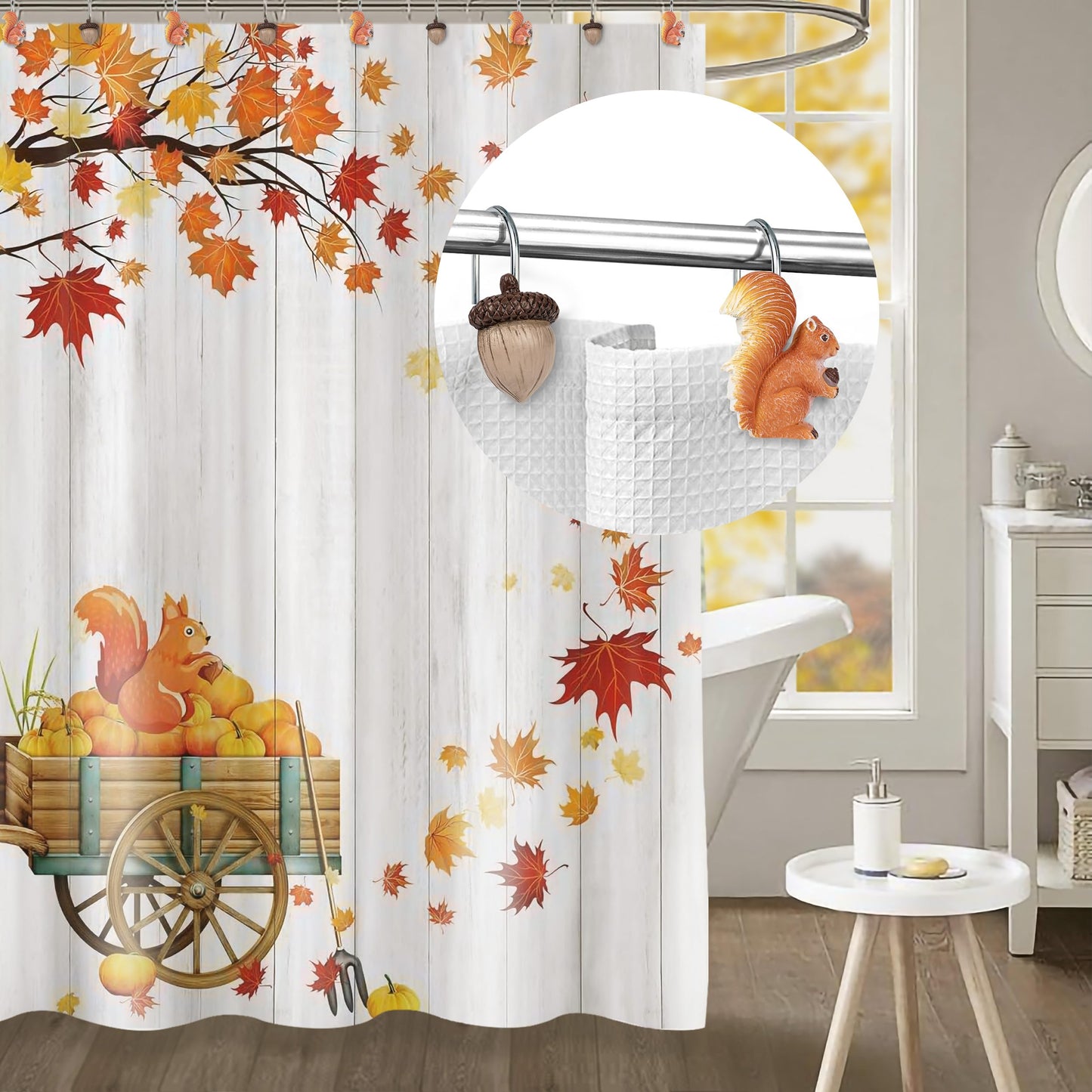 Sunlit Maple Leaf Shower Curtain Hooks for Fall Autumn, Home Decorative Shower Curtain Rings for Bathroom, Resin, Orange Red Maple Leaves Shower Curtain Hangers Hooks Bath Accessories, Set of 12