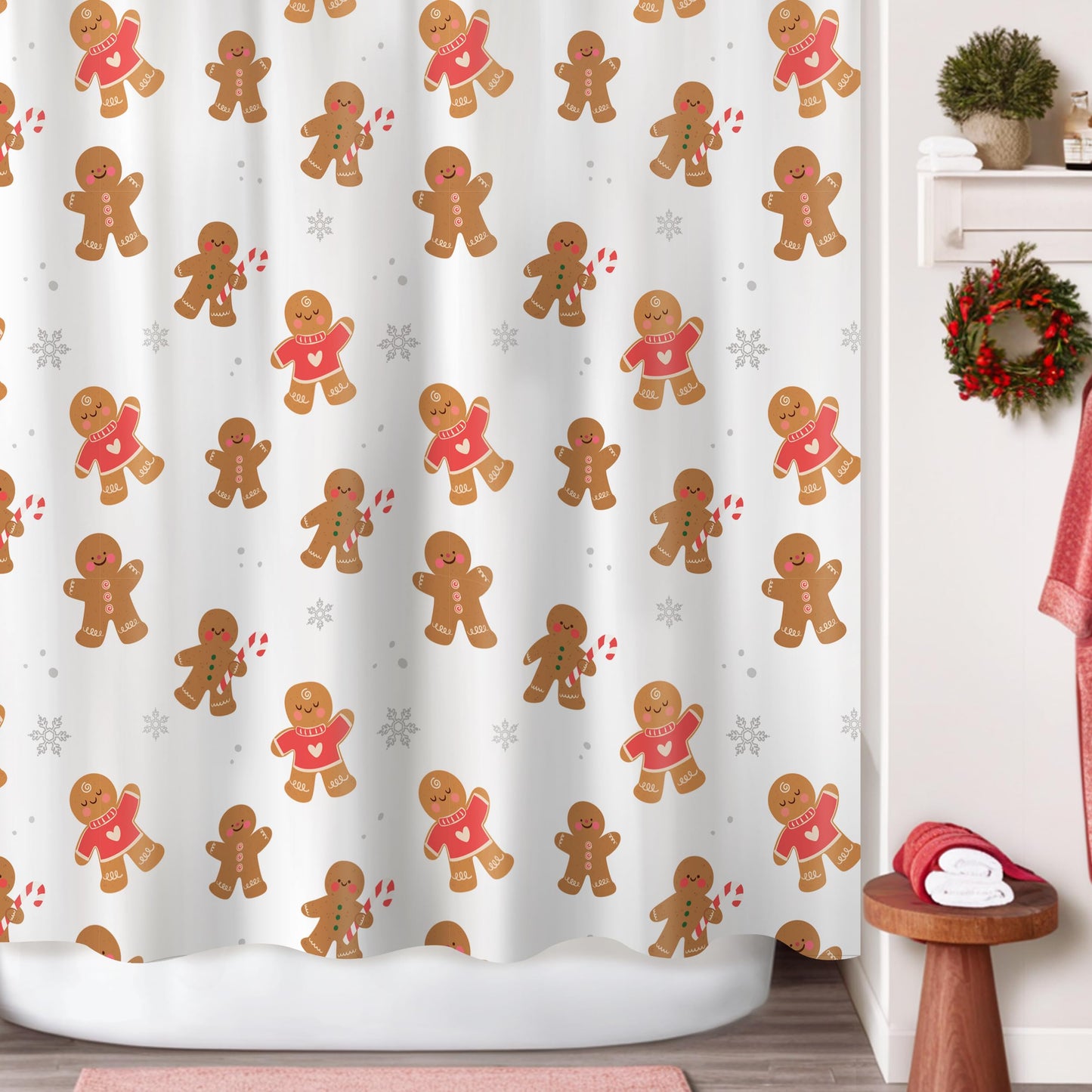 Sunlit Christmas Shower Curtain, Pink Holiday Gingerbread Men with Candy Canes and Snowflakes Cute Xmas Cookie Pattern, Festive Bathroom Fabric Shower Curtain, Home Decor Tapestry, 72" x 72"