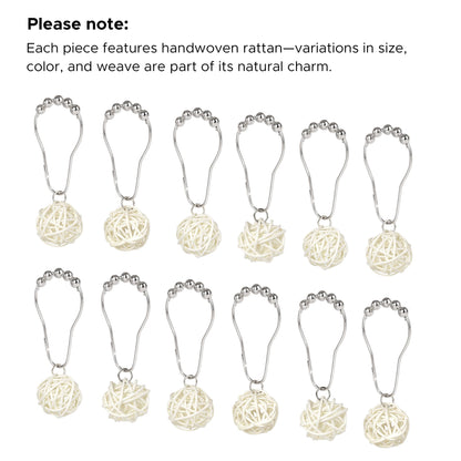 Sunlit Boho Decorative Rattan Balls Shower Curtain Hooks, Wicker Orbs Shower Curtain Rings for Bathroom, Farmhouse Shower Curtain Hangers Bathroom Accessories, Set of 12, Brown