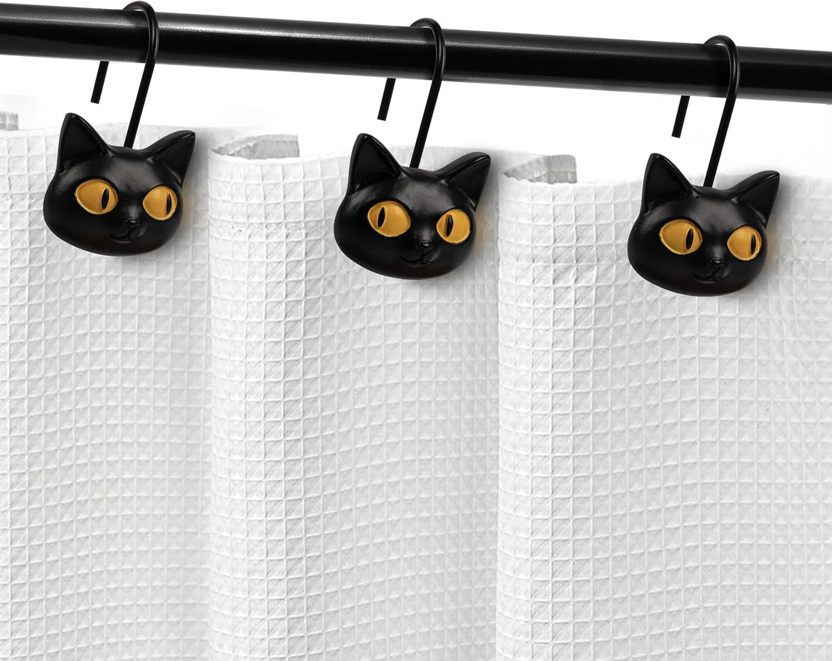 Sunlit Halloween Black Cat Shower Curtain Hooks, Home Decorative Shower Curtain Rings for Bathroom, Shower Curtain Hangers Bathroom Accessories, Set of 12, Classic Meows