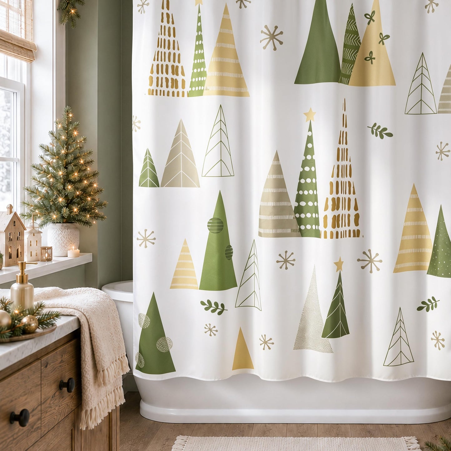 Sunlit Geometric Modern Design Christmas Shower Curtain Christmas Tree Bathroom Home Office Holiday Wall Decoration as Tapestry and Photo Booth Backdrop Red Green White Printed