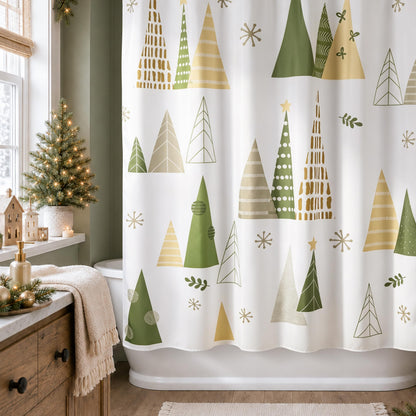 Sunlit Geometric Modern Design Christmas Shower Curtain Christmas Tree Bathroom Home Office Holiday Wall Decoration as Tapestry and Photo Booth Backdrop Red Green White Printed