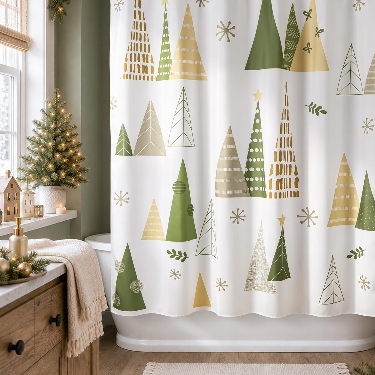 Sunlit Blue Fluorescent Christmas Snowflake Tree with Dark Blue Background Fabric Shower Curtain, Bathroom Home Office Holiday Wall Decoration as Tapestry and Photo Booth Backdrop