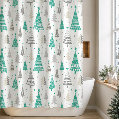 Sunlit Christmas Shower Curtain, Red and Gray Xmas Trees with Stars and Snow Pattern Shower Curtain for Bathroom Decor, 71x71 Inch