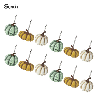 Sunlit Fall Pumpkin Decorative Shower Curtain Hooks, Autumn Harvest Festival Shower Curtain Rings, Resin, Orange Farmhouse Bathroom Curtain Hangers Decoration, Set of 12