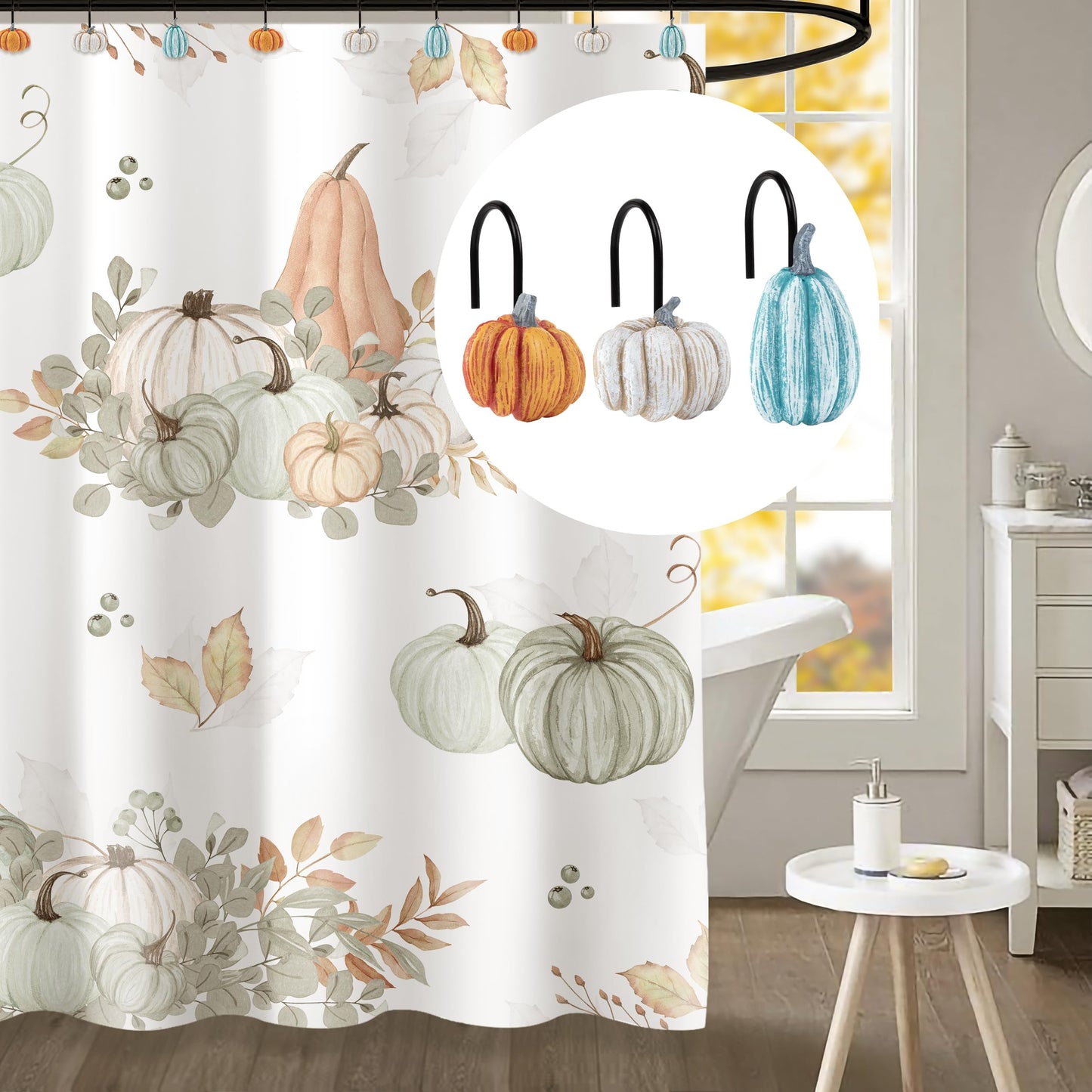 Sunlit Fall Pumpkin Decorative Shower Curtain Hooks, Autumn Harvest Festival Shower Curtain Rings, Resin, Orange Farmhouse Bathroom Curtain Hangers Decoration, Set of 12