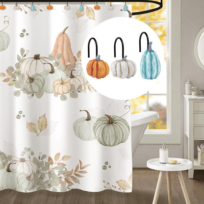 Sunlit Fall Pumpkin Decorative Shower Curtain Hooks, Autumn Harvest Festival Shower Curtain Rings, Resin, Orange Farmhouse Bathroom Curtain Hangers Decoration, Set of 12